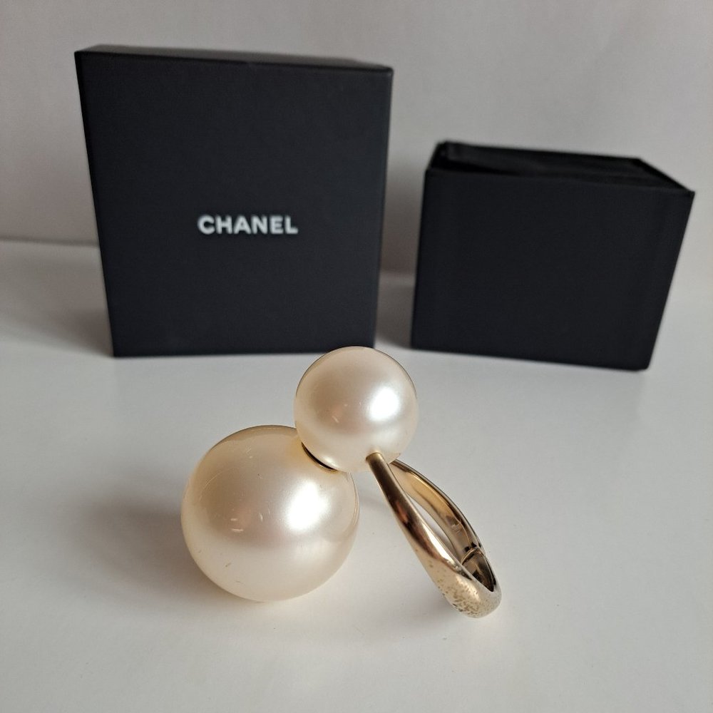 Chanel Large Double Pearl Gold Metal Cuff Bracelet